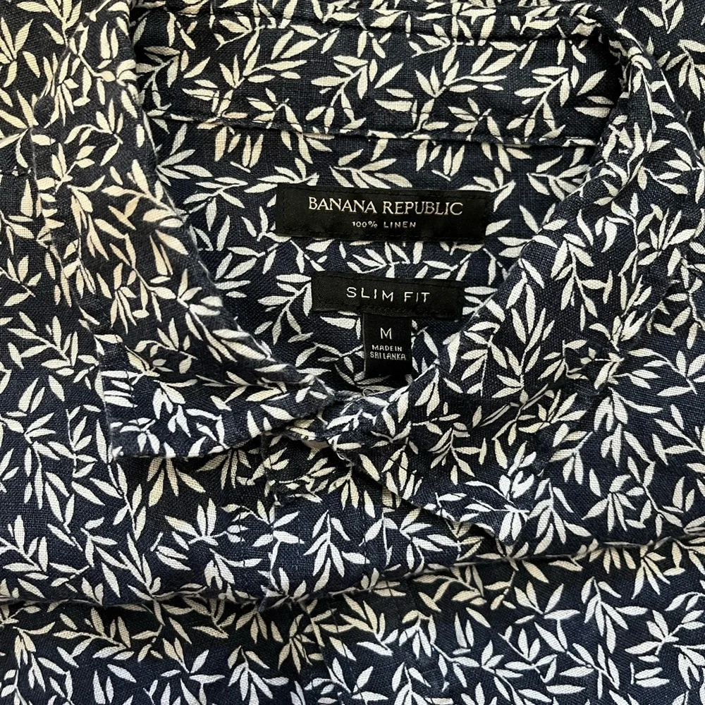 Banana Republic Navy White Leaf Print Linen Shirt Slim Fit Size M